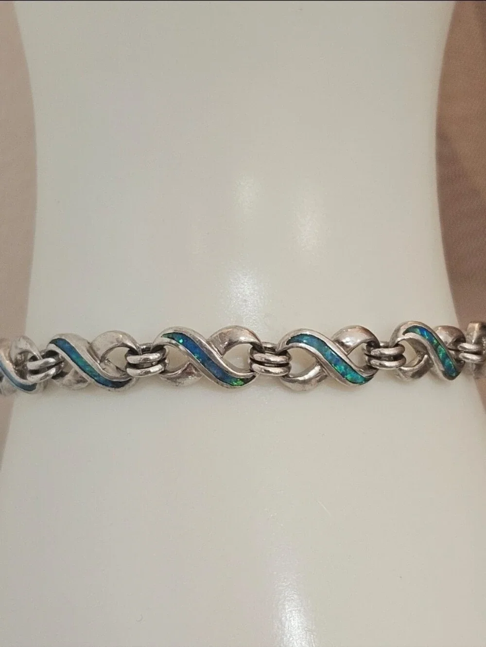 Fire Blue Opal Sterling Silver Infinity Link 925 Bracelet 7